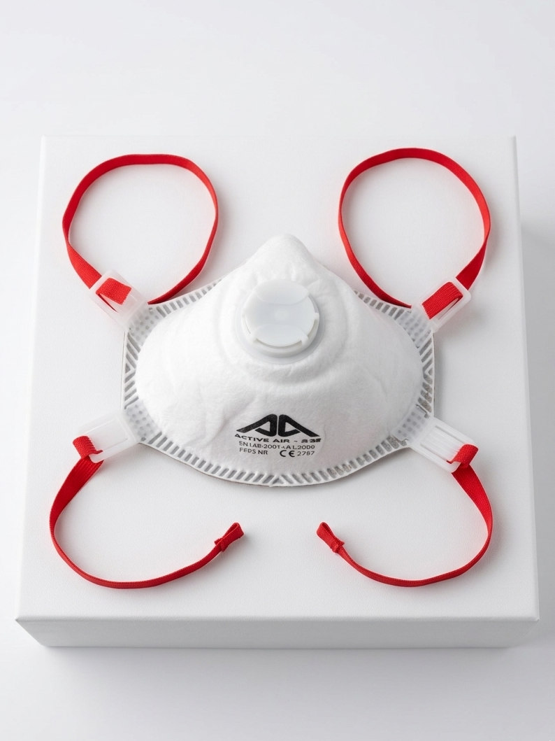 N95 mask with red straps on a white background