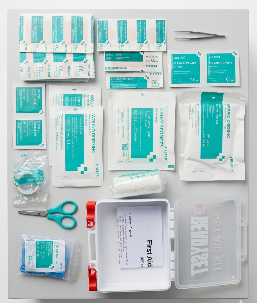 Collection of medical supplies including bandages, scissors, and a first aid kit on a white background.