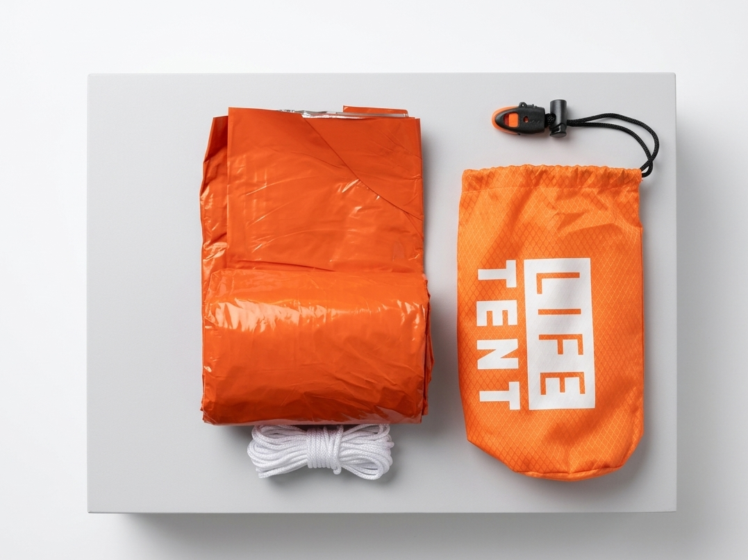 Orange life tent with packaging on a white background