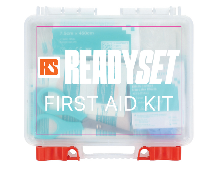 37-piece first aid kit contents laid out on a white background